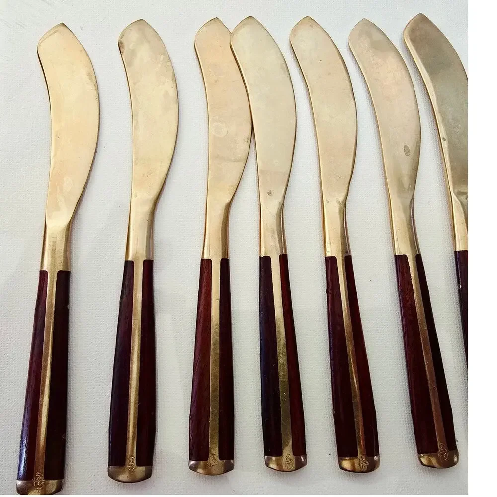 Vintage MCM Jean Claude Style Rosewood Brass Bronze Flatware KNIVES 10pcs READ